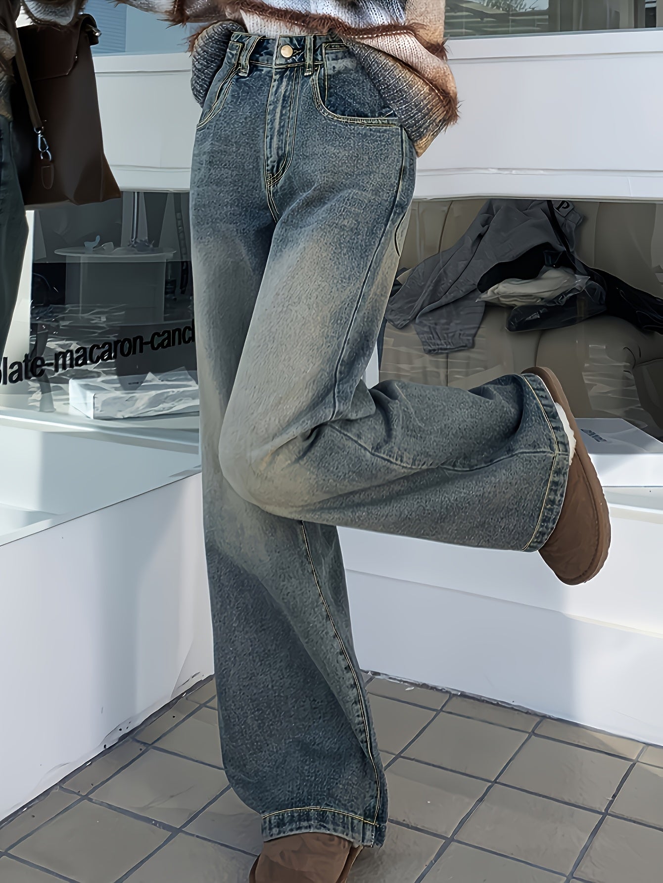 Women High-Waist Wide-Leg Denim Jeans Light Blue Casual Slimming