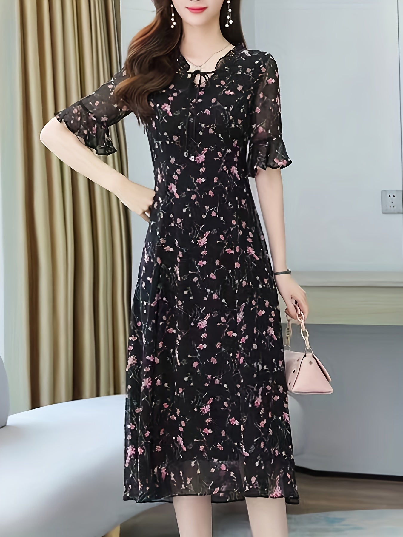 Women's Floral Print Tie Neck A-Line Dress Short Sleeve Spring Summer