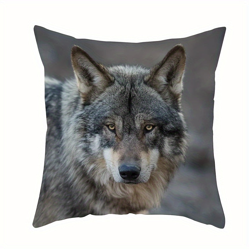Gray and White Flannel Throw Pillow Cover with Wolf Design for Living Room Decor