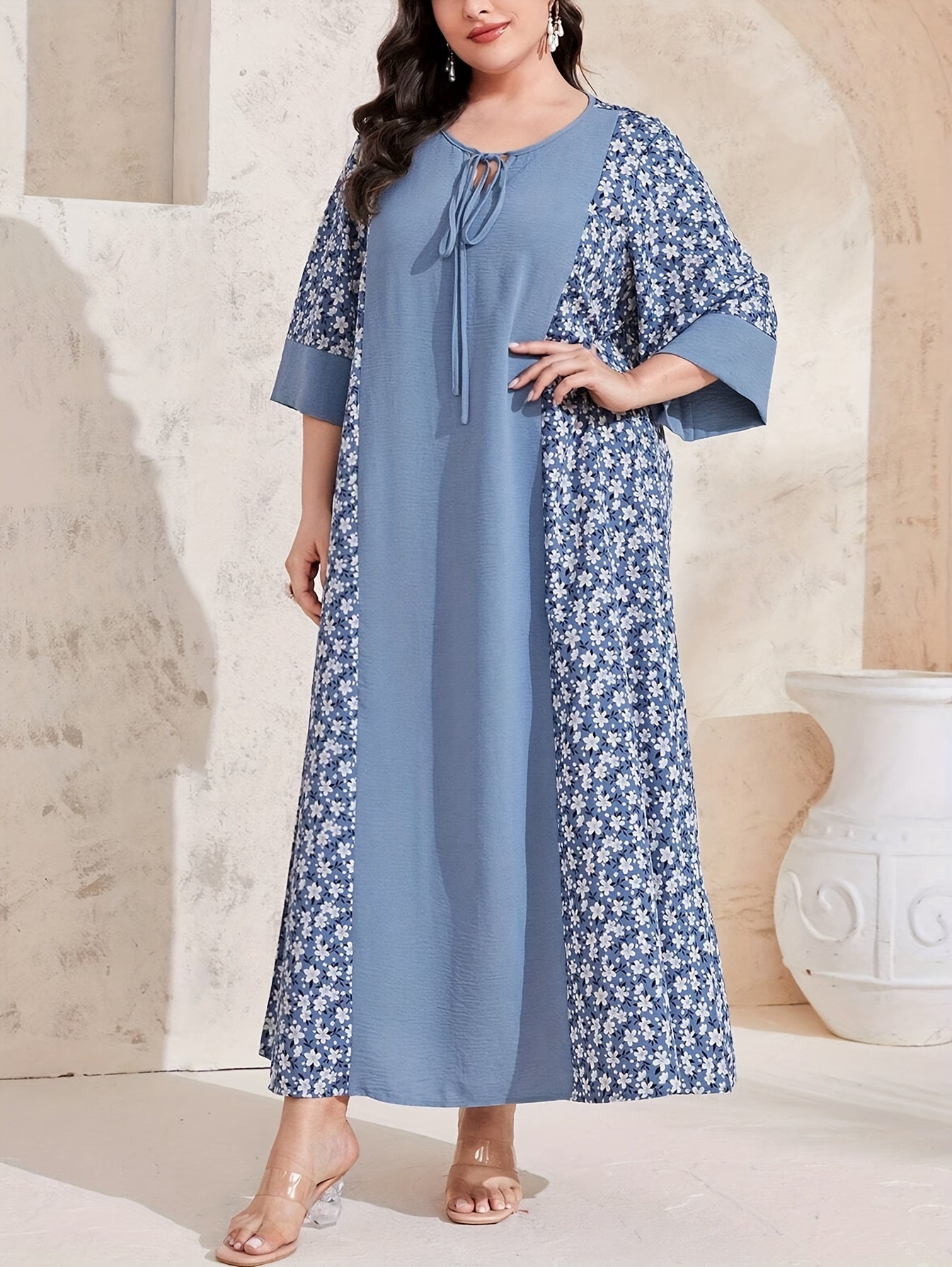 Plus Size Floral Print Tie Front Maxi Dress for Spring and Summer