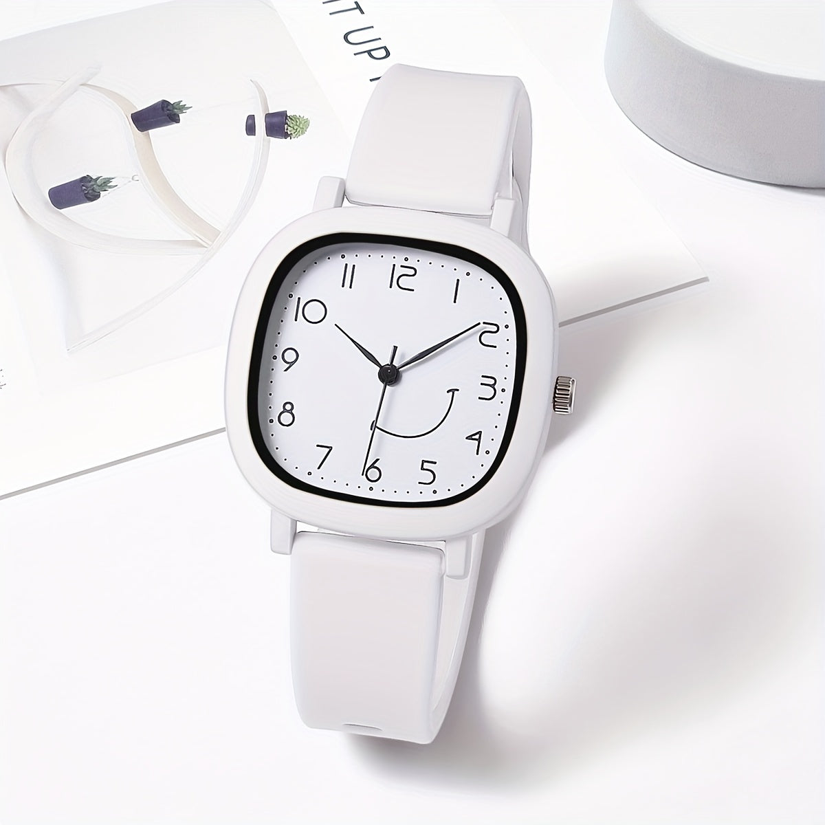 Women's Quartz Watch Square Face Silicone Strap Casual with Smile Face Design
