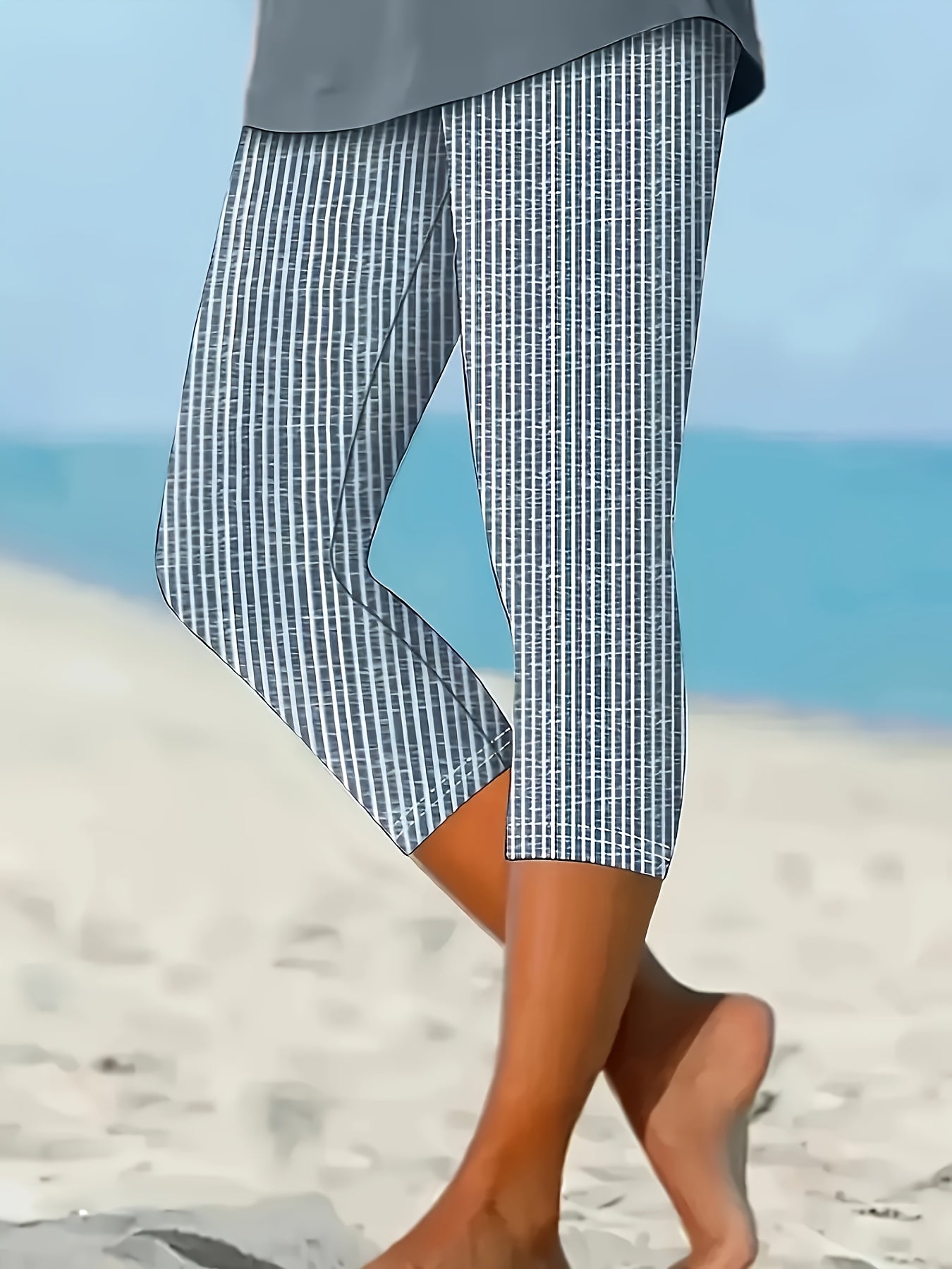 Women's Plus Size Striped Stretch Capri Pants Blue White Casual Beachwear