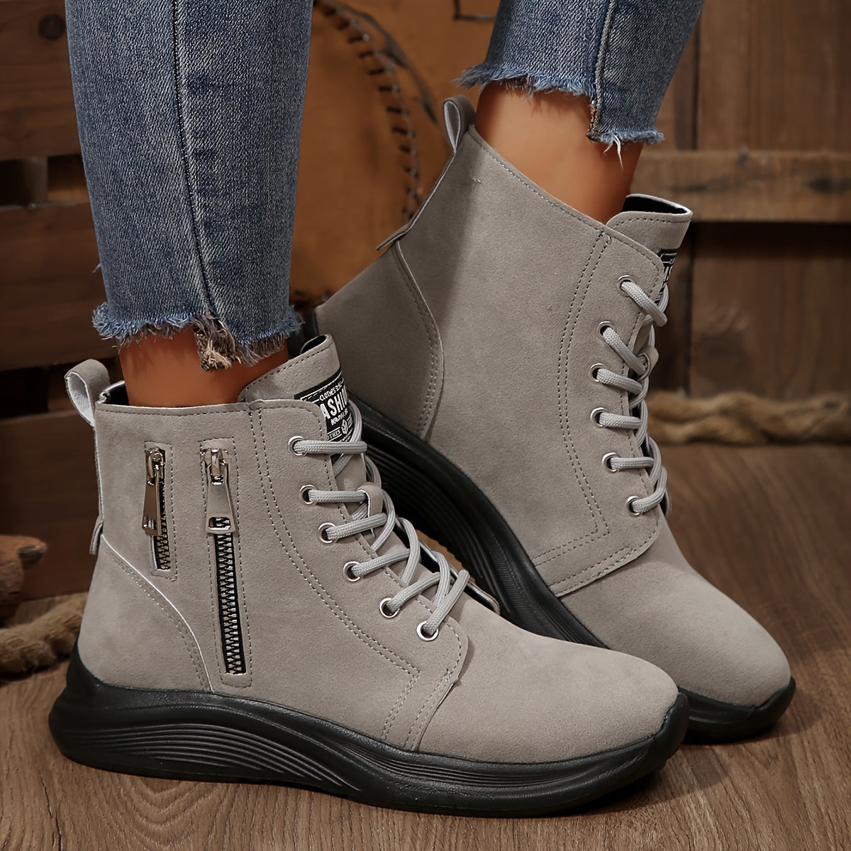 Women's Ankle Boots Solid Color Casual Lace-Up Round Toe Flat Heel