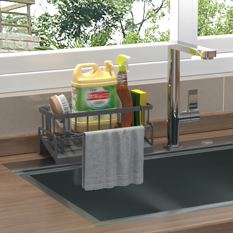 Organizador de fregadero de cocina con barra para toallas, bandeja de goteo y escurridor de grifo