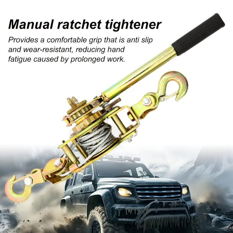 Og'ir yuklarni tortish, yuklarni bog'lash va siqish uchun mo'ljallangan portativ qo'l g'ildiragi, 2 ta ilgak bilan. U po'lat sim ip va uskunalarni tashish uchun shina mustahkamlashni o'z ichiga oladi.