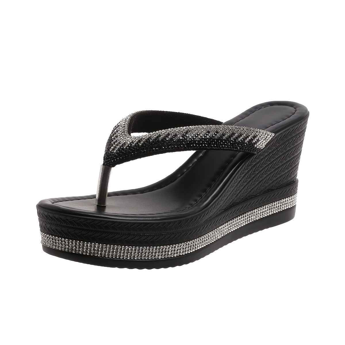 Women's White Rhinestone Platform Sandals Slip-On High Heel Split Toe Casual