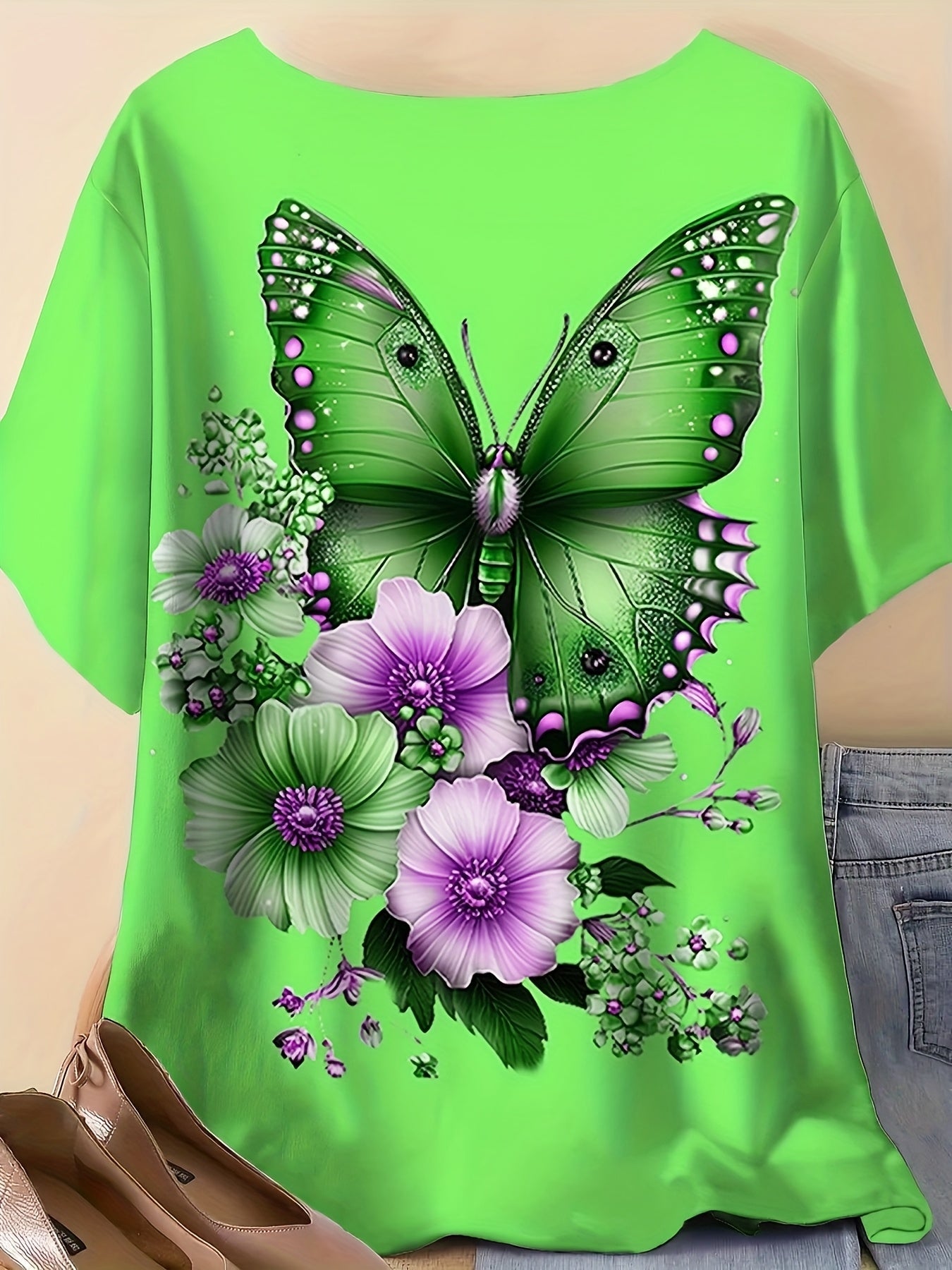Plus Size Women Floral Print T-Shirt Crew Neck Short Sleeve Summer Top