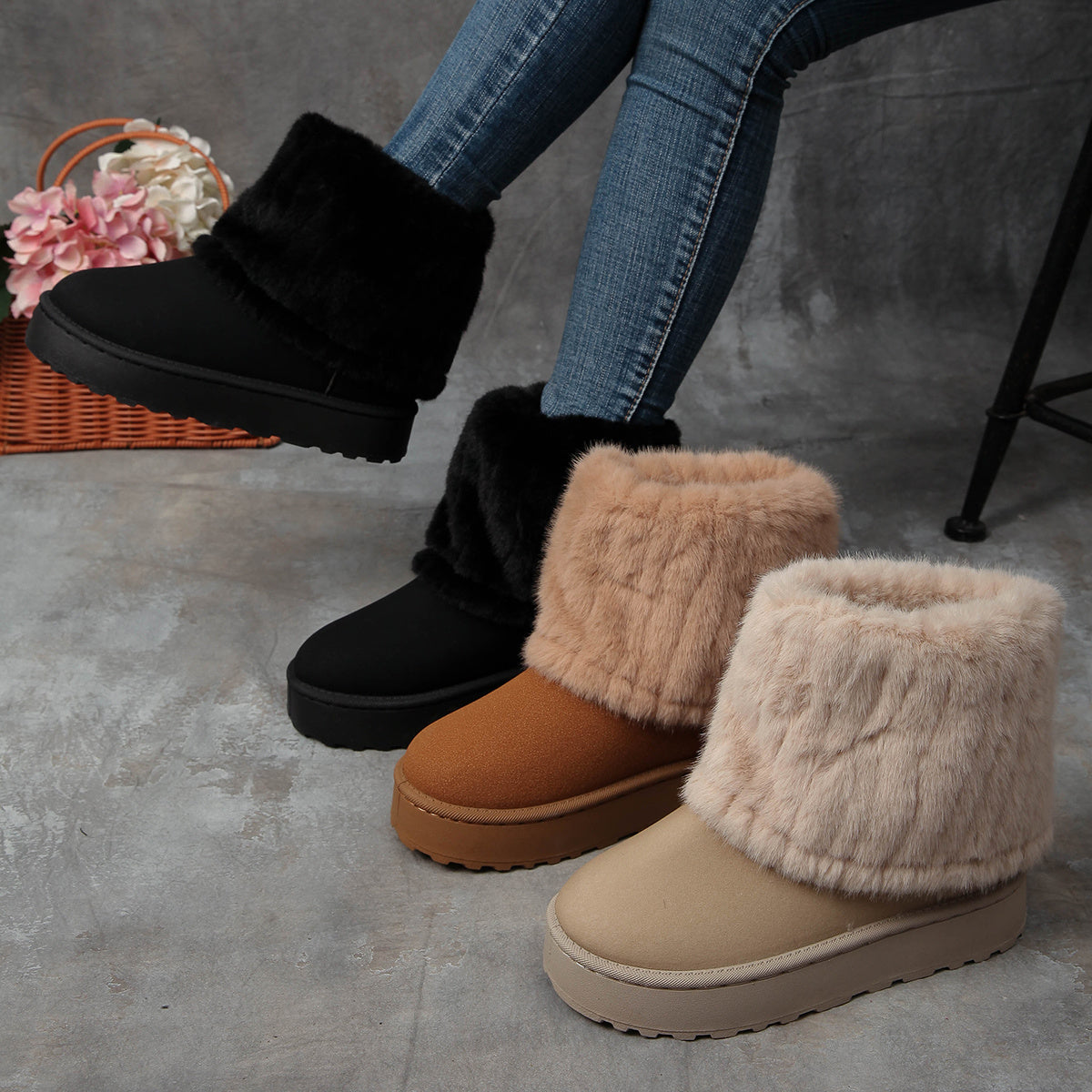 Women's Fleece-Lined Winter Boots Slip-On Round Toe Ankle Mid-Heel Durable Sole