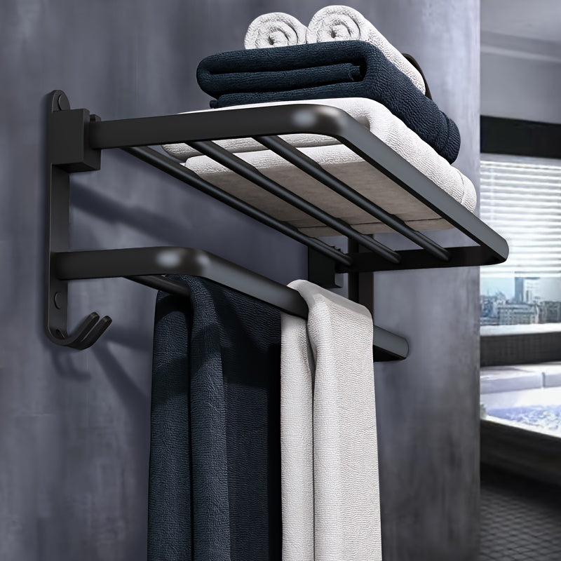 Bathroom Wall-Mounted Towel Storage Rack with Hooks and Shelf for Bathroom Organization