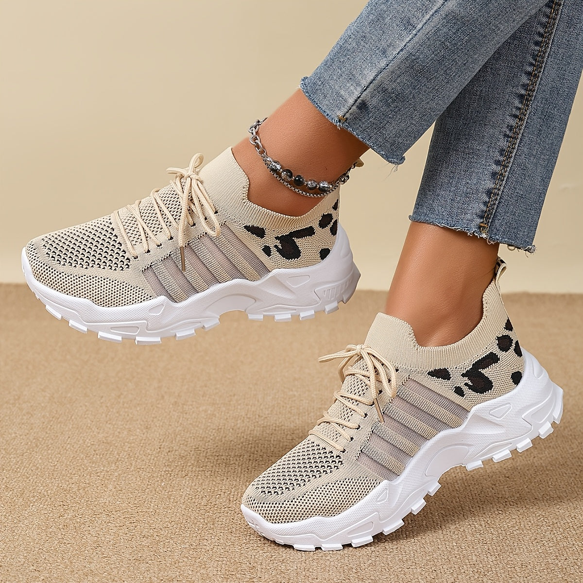 Women's Leopard Print Sneakers Breathable Mesh Low-Top Running Shoes
