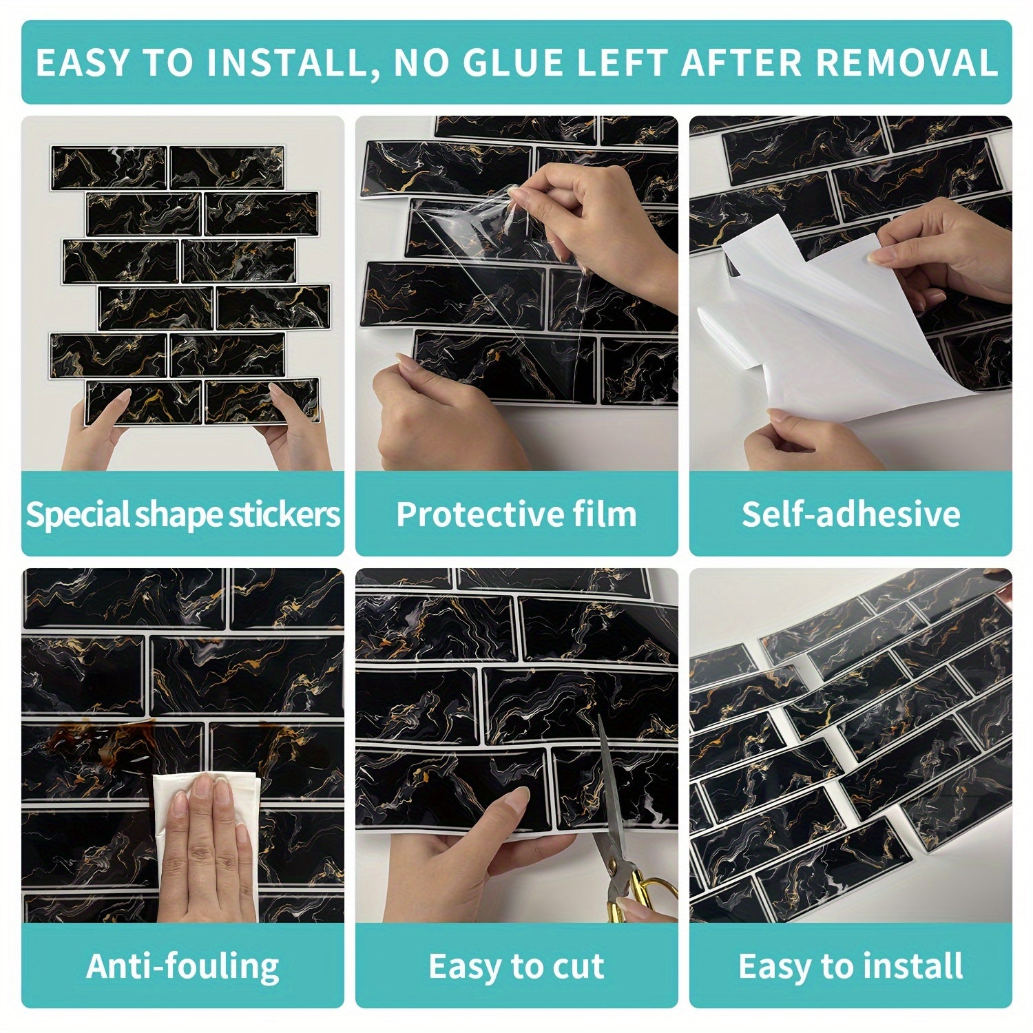 12 Pieces Black and Gold Quicksand Brick Pattern Mosaic Wall Tile Stickers 30.48cm x 30.48cm Waterproof Self-Adhesive