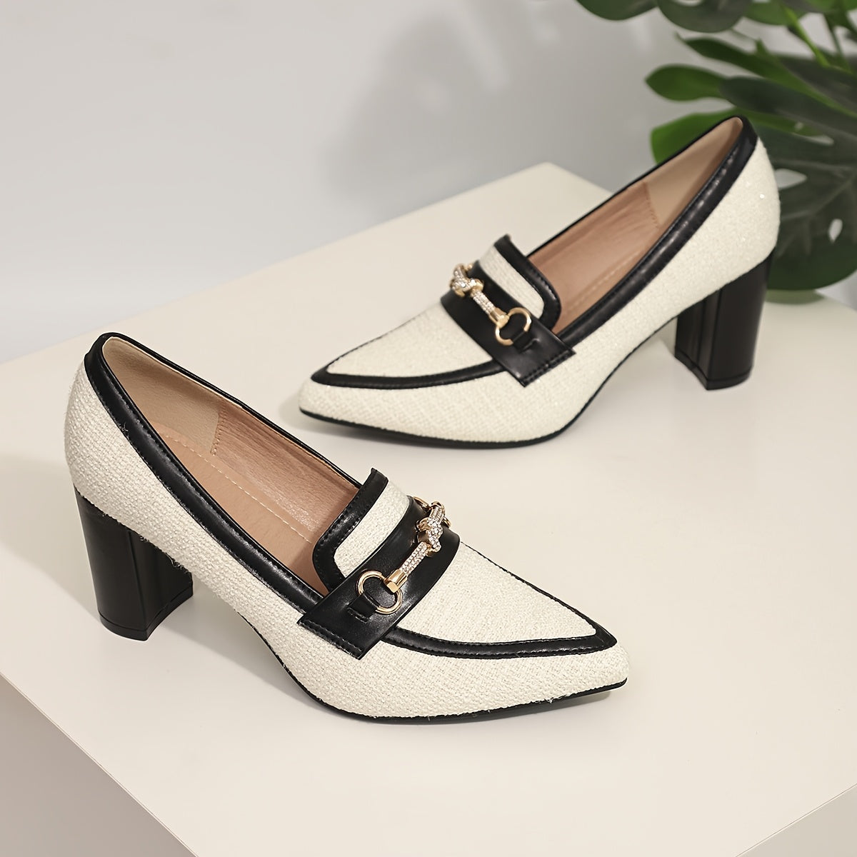 Women's White Black Mary Jane Pumps with Chunky Heel and Gold Chain Strap
