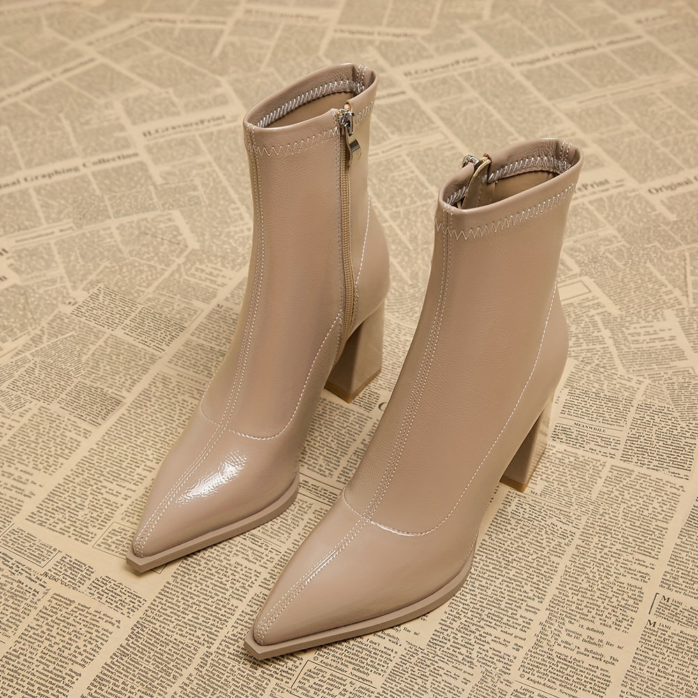 Women's Solid Color Block Heeled Ankle Boots With Side Zipper