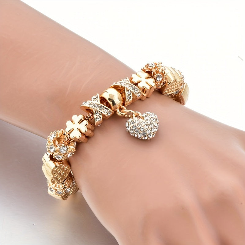 Gold Tone Heart Charm Bracelet with Rhinestones and Large Hole Beads