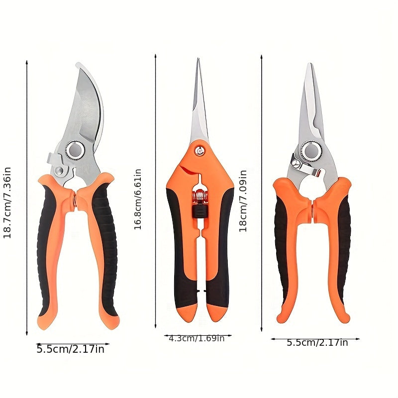 3-Piece Stainless Steel Garden Pruning Shears Set Non-Slip Handles High-Tension Springs Modern Blades