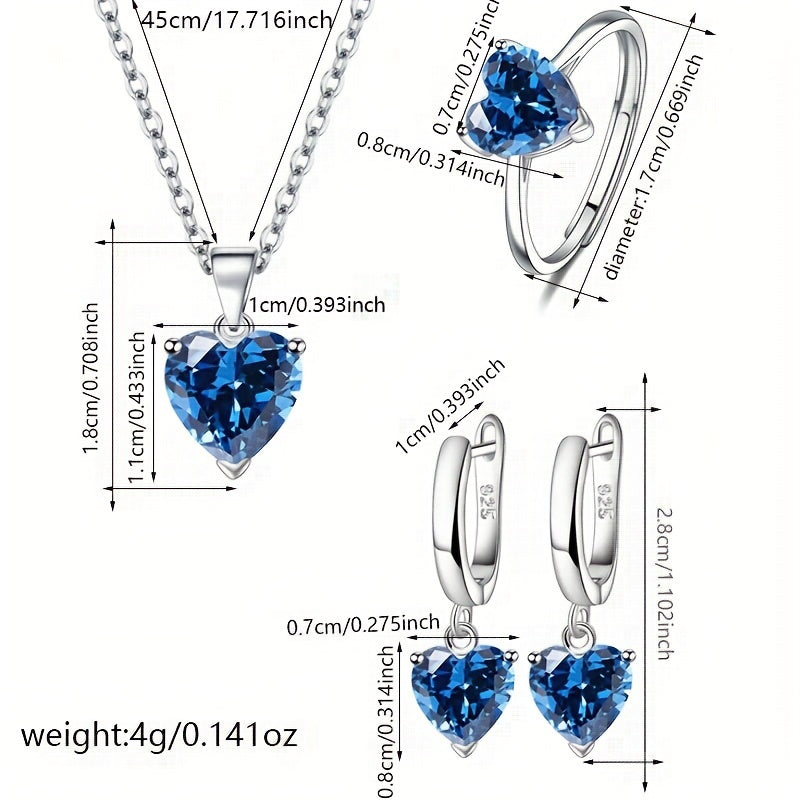 Women’s Sterling Silver Heart-Shaped Blue Zirconia Jewelry Set for Weddings