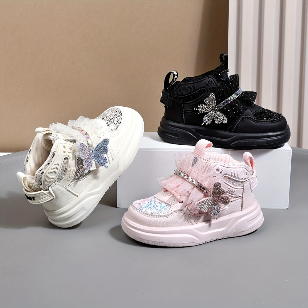 Girls' Mid-Top Sequin Rhinestone Bow Sneakers Casual Street Party Shoes