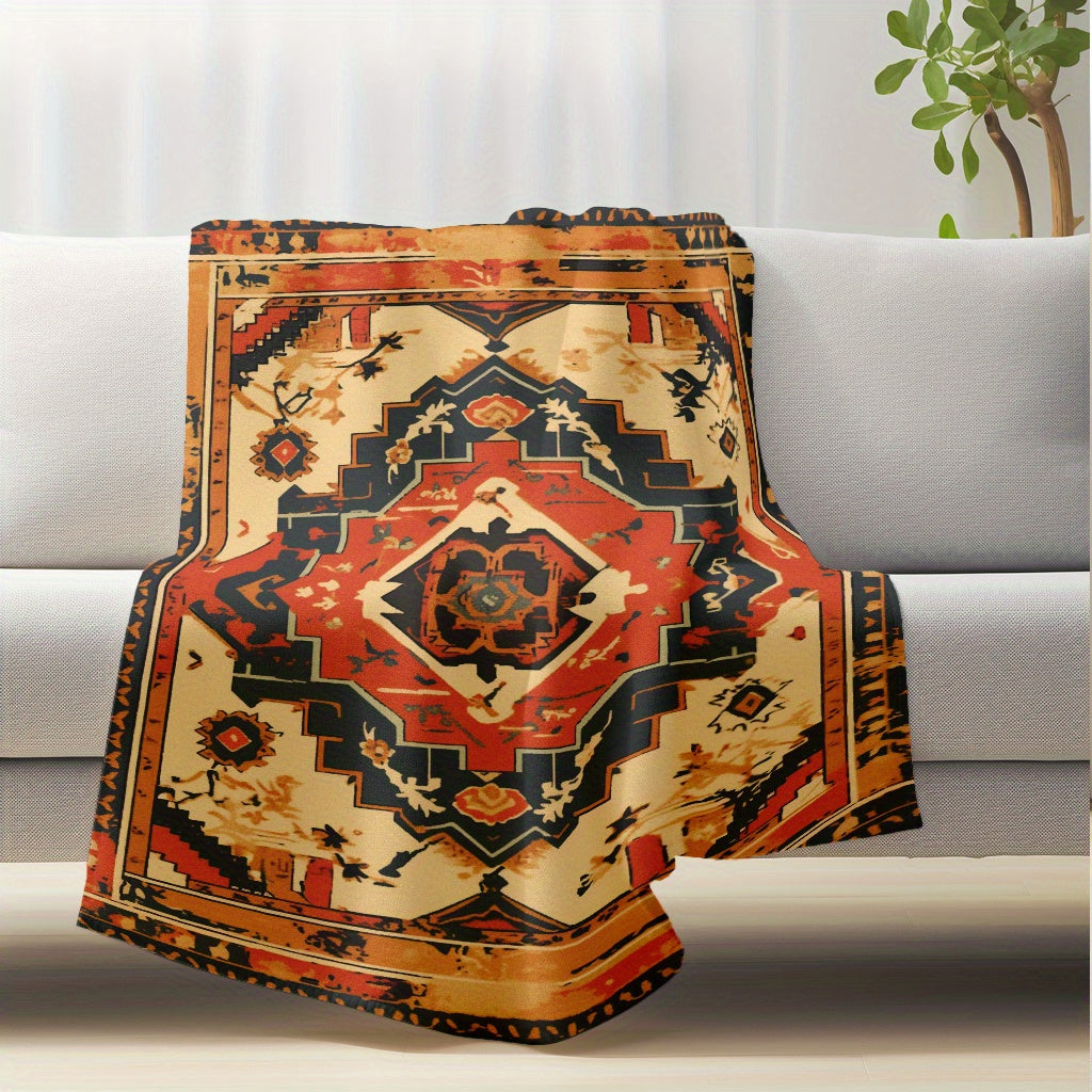 Knitted Polyester Flannel Throw Blanket with Ethnic Carpet Pattern for Sofa and Travel