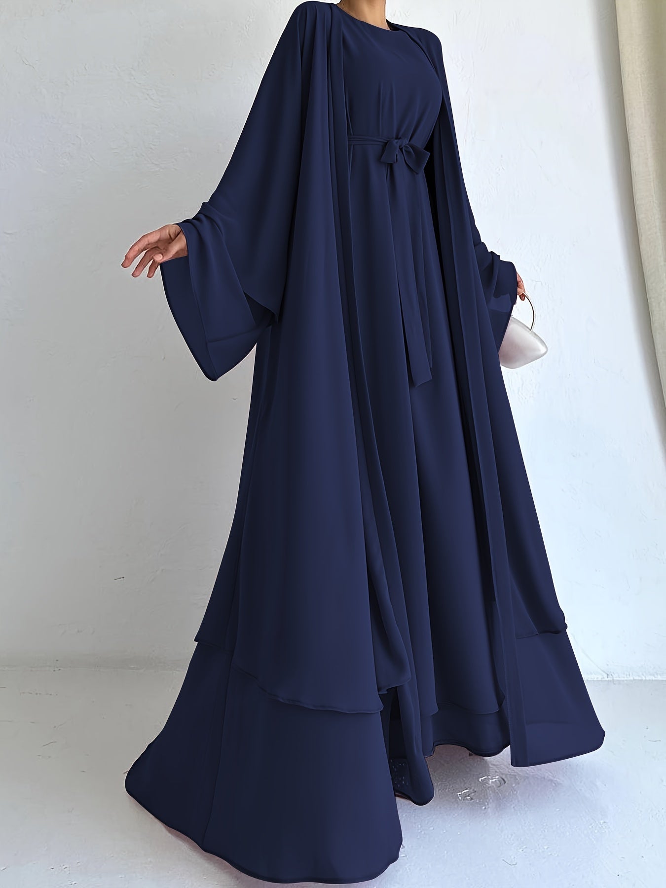Women's Navy Blue Chiffon Dress with Waist Belt for All Seasons