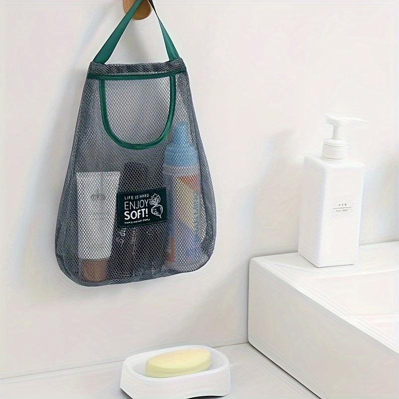 Mesh Kitchen Storage Bag for Fruits Vegetables Wall-Mounted Organizer with Green Handles