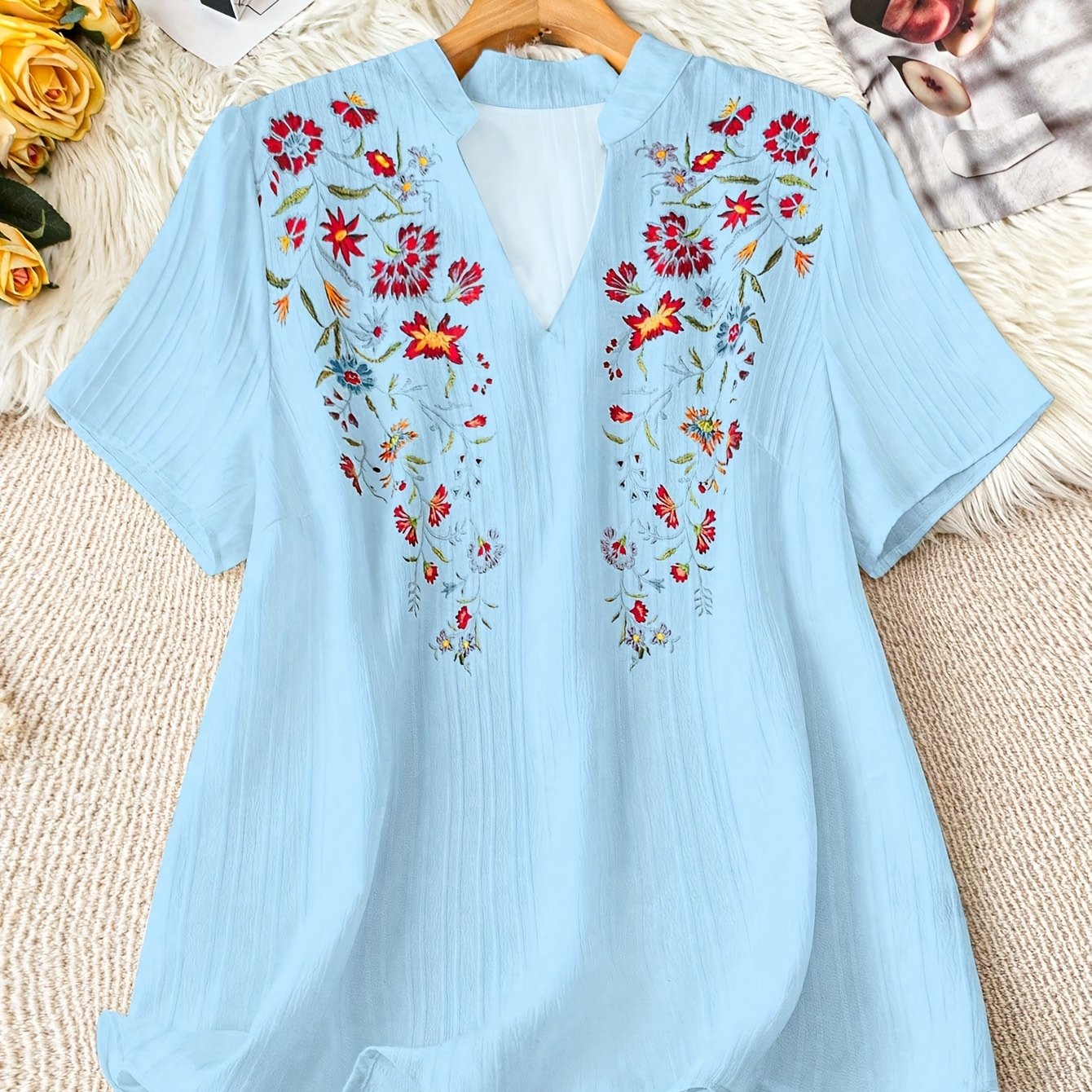 Plus Size Women's Floral Print V-Neck Short Sleeve Blouse Casual Summer White Top
