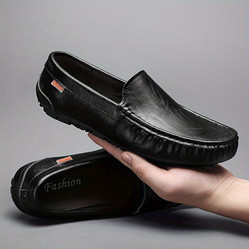 Men's Solid Leather Slip-On Loafer Shoes with Rubber Sole