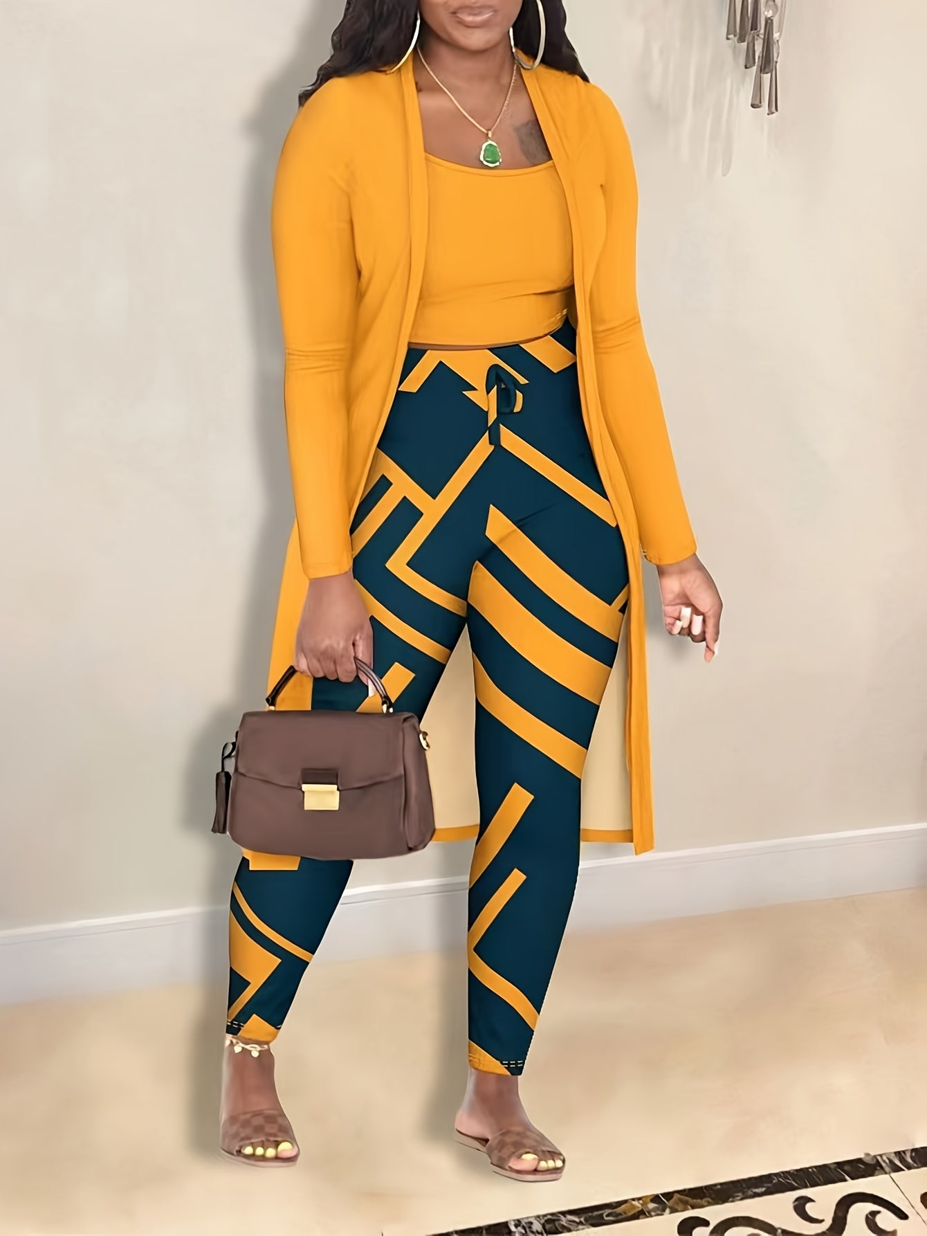 Women's Oversized Striped Cardigan Set With Camisole Pants for Autumn Winter