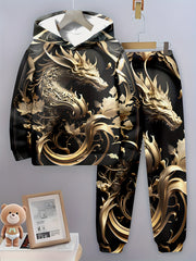 Yigitlar uchun 3D ajdarhond bosma kapşonli va joggerlar to'plami, oddiy bahor va kuz polyester kiyim