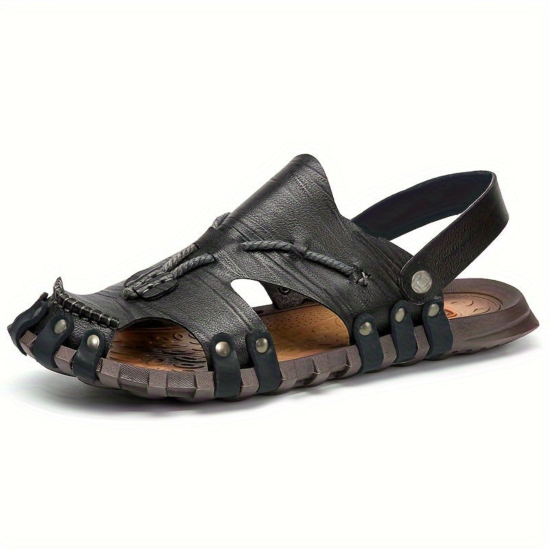 Men's Casual Sandals Synthetic Leather Slip-On Summer Brown Black Durable Comfort