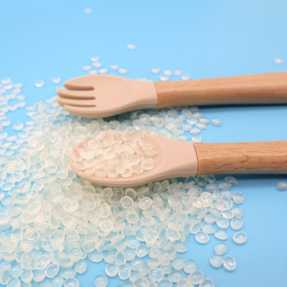 Juego de 2 conjuntos de alimentación para niños con cucharas de silicona y mangos de madera en colores mezclados