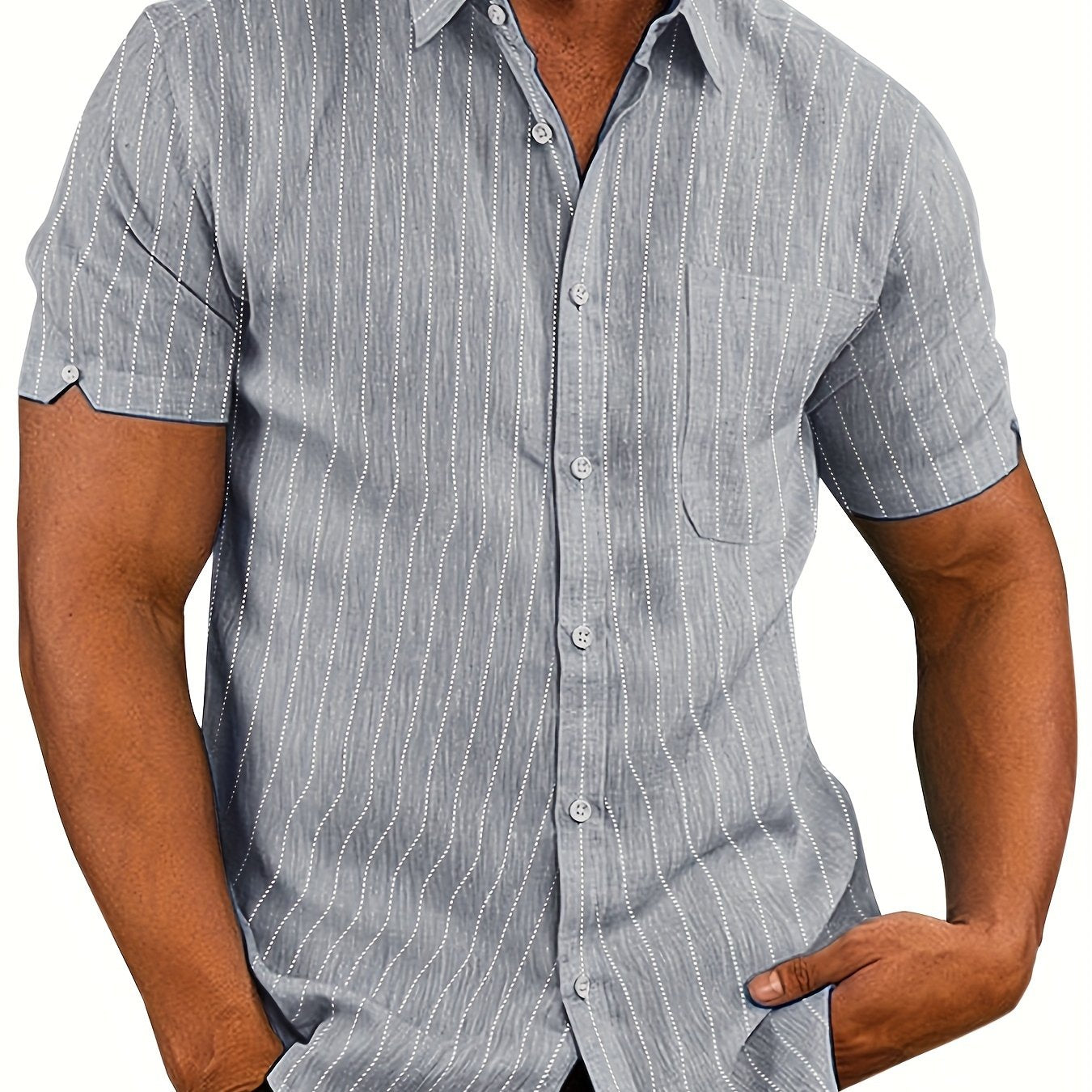 Camisa de hombre a rayas azul claro con botones, poliéster, manga corta, casual, para todas las estaciones