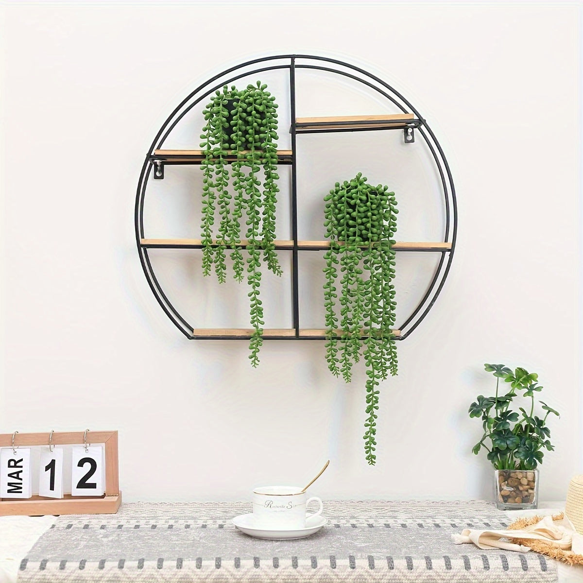 Faux Succulent Hanging Plant with Pearl String Wall Shelf Indoor Outdoor Decor
