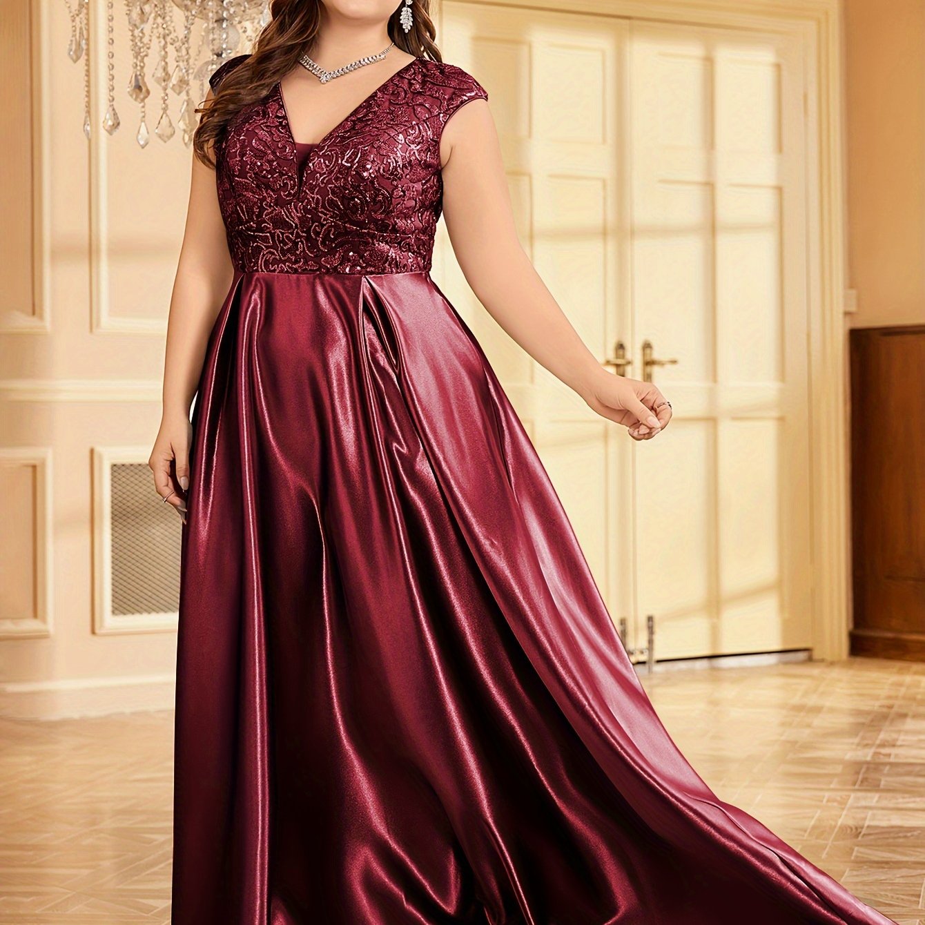 Plus Size Sequin Evening Dress Maxi Party Dress Slit Cocktail Gown