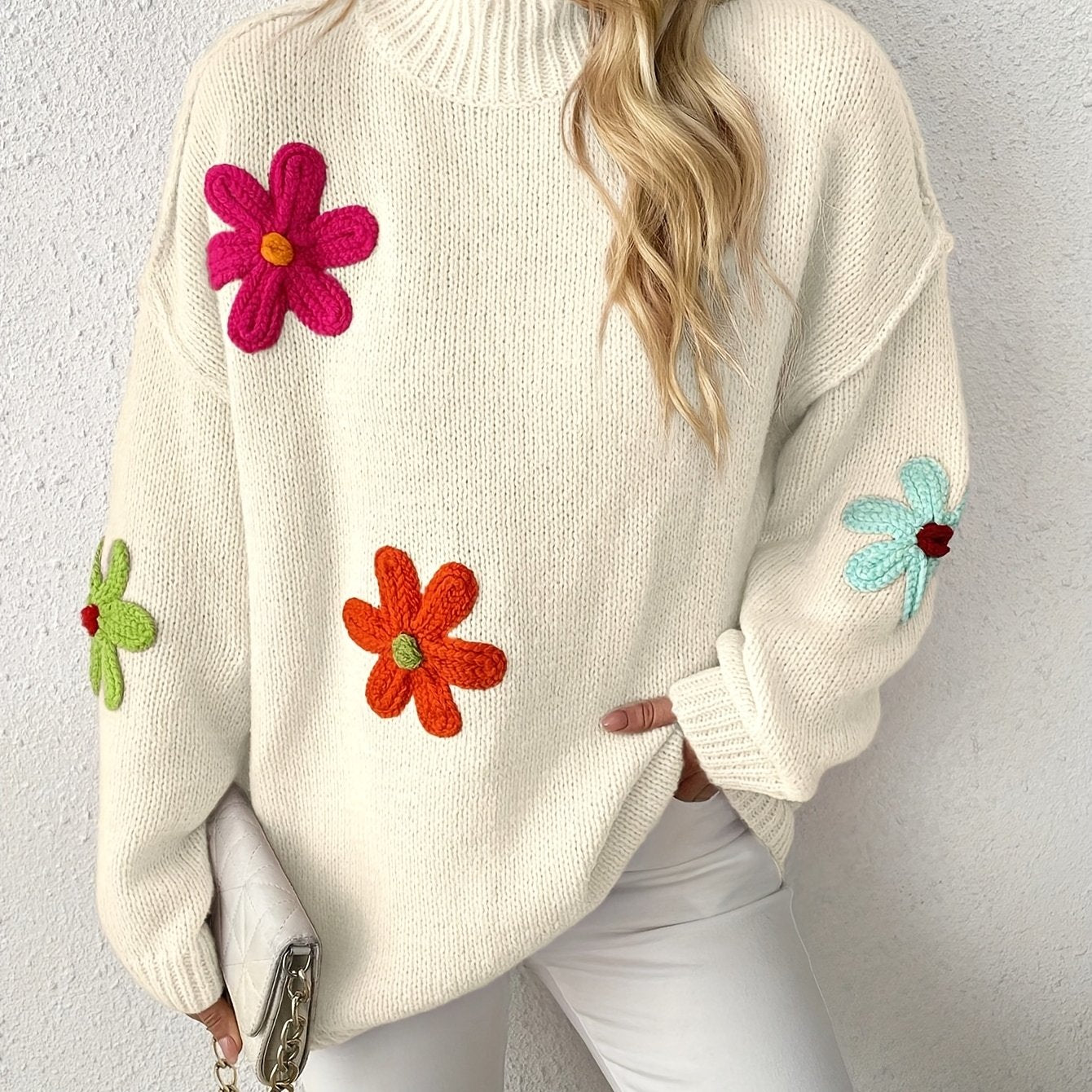 Plus Size Floral Applique Knit Sweater Casual Long Sleeve High Neck Top