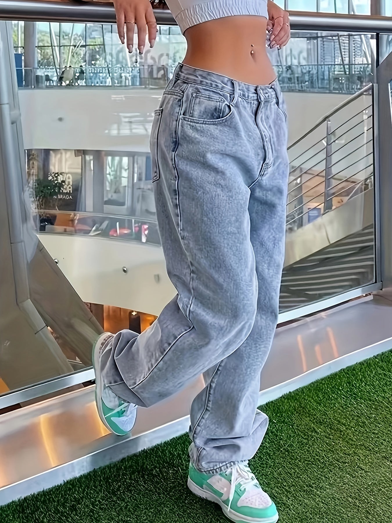 Women's Casual Wide Leg Jeans with Slant Pockets Non-Stretch Denim Long Length