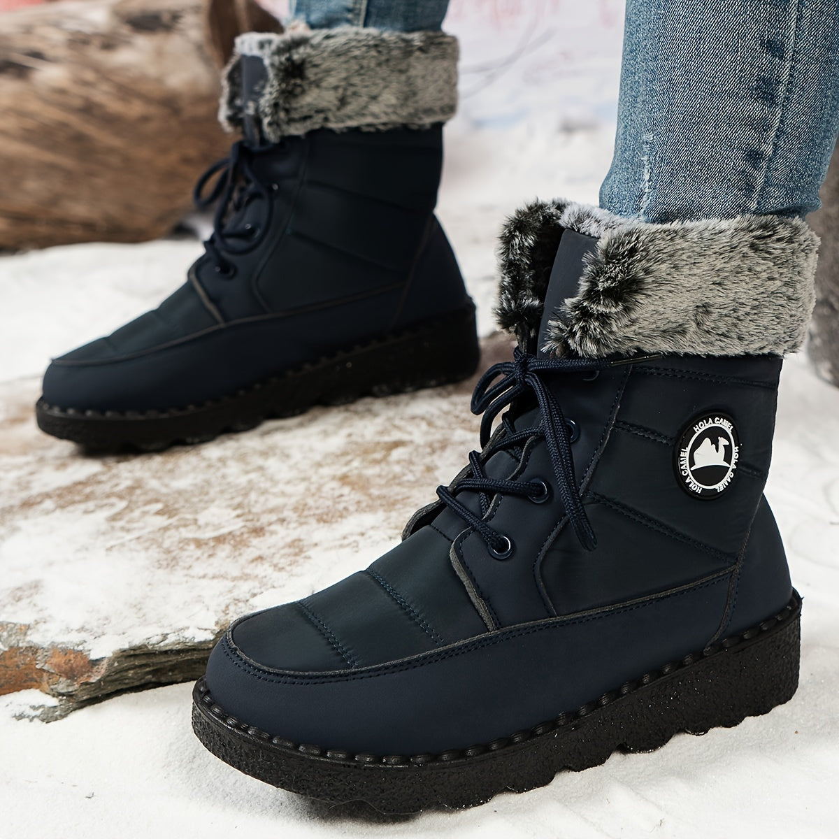 Women's Winter Snow Boots Mid-Calf Casual Solid Color Lace-Up Wedge