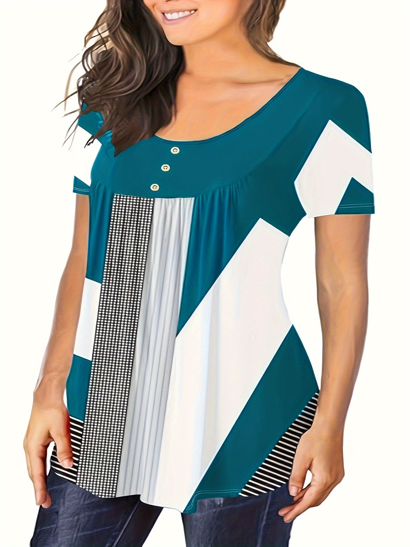 Plus Size Casual T-Shirt Women's Colorblock Dot Stripe Short Sleeve Round Neck