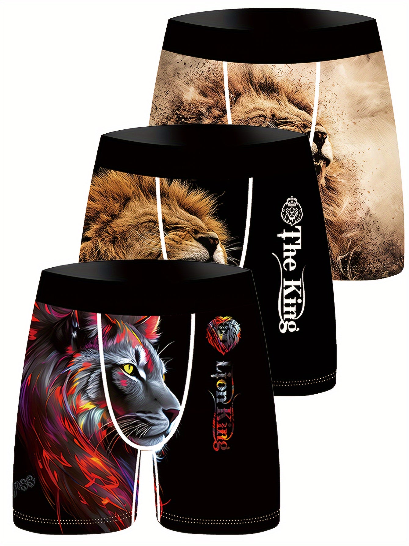 Men's Boxer Briefs with Digital Lion Print Breathable Polyester Stretch Fabric