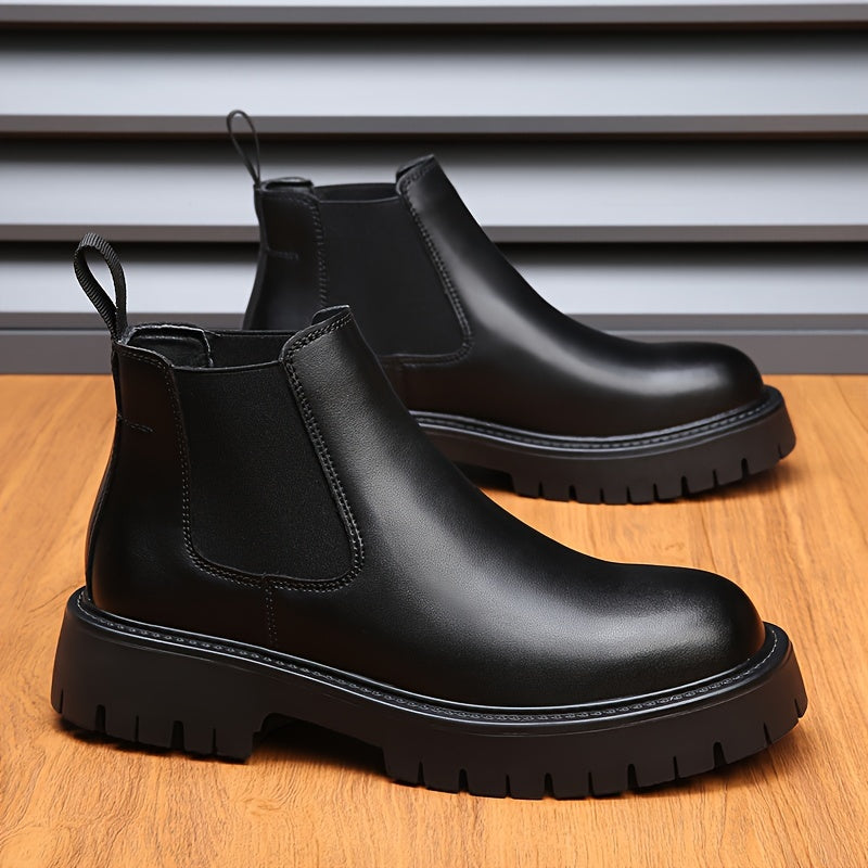Botines de invierno para hombre con forro de felpa y slip-on, con punta redonda y suela de goma, negro sintético