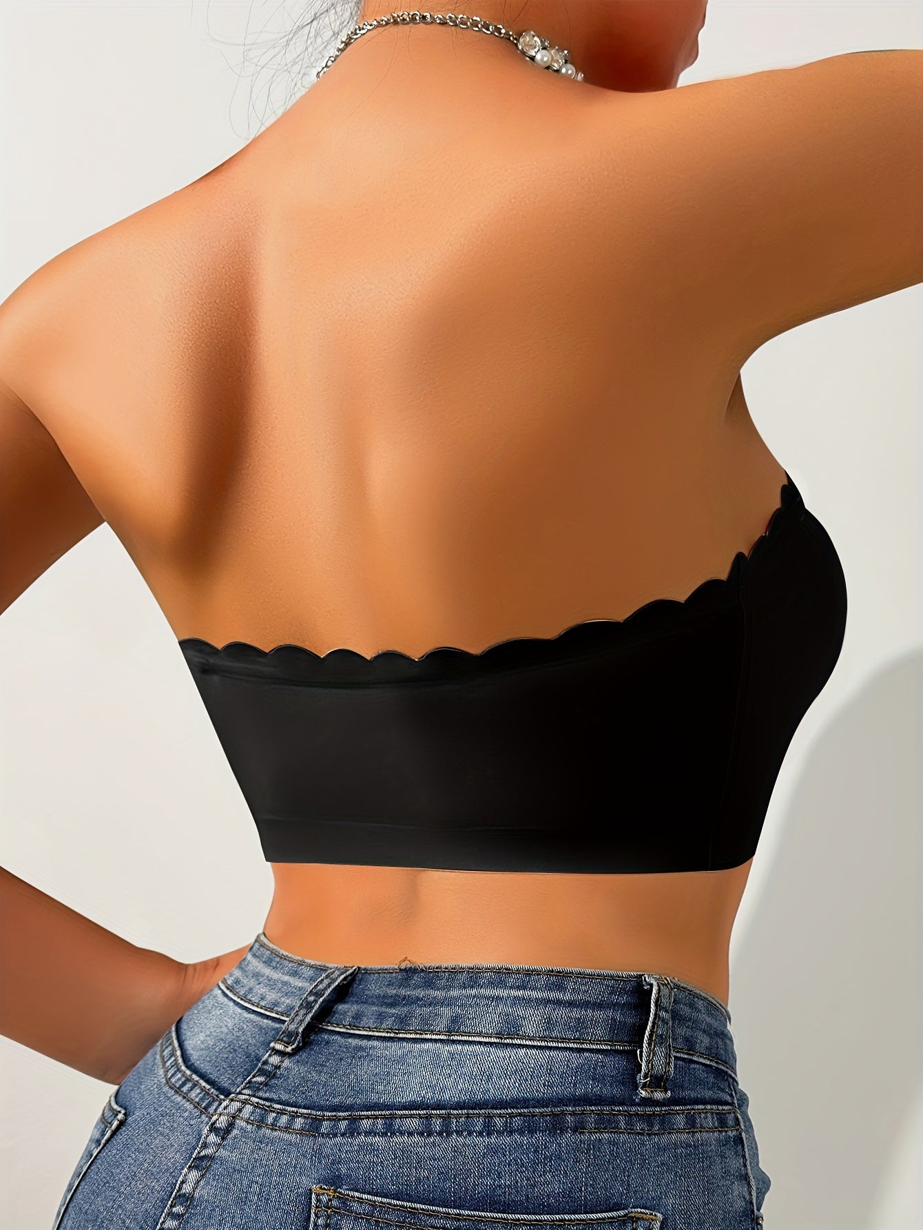 Women's Solid Color Wave-Edge Strapless Front Closure Bra