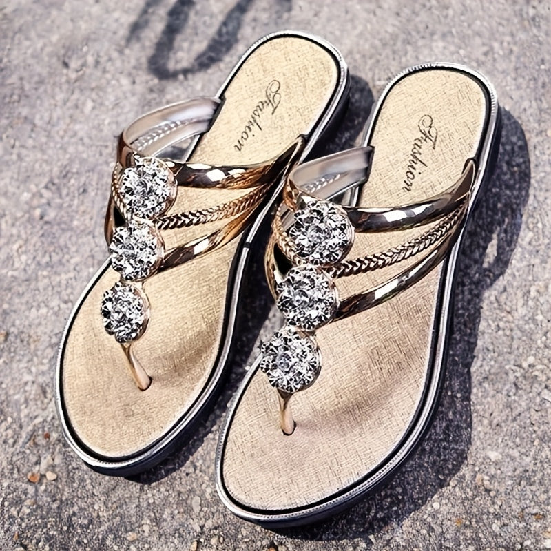 Women's Open Toe Rhinestone Flat Sandals for Beach and Casual Wear