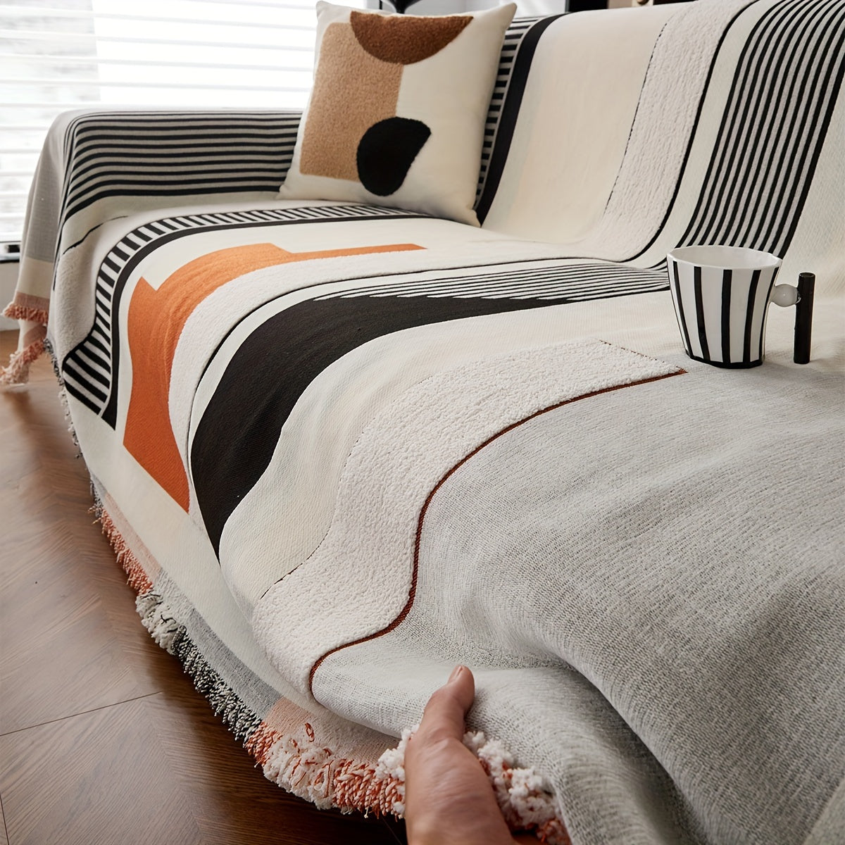 Чехол на диван из шерстяной вуали с бахромой, противоскользящий, всесезонный, для одного до четырех мест