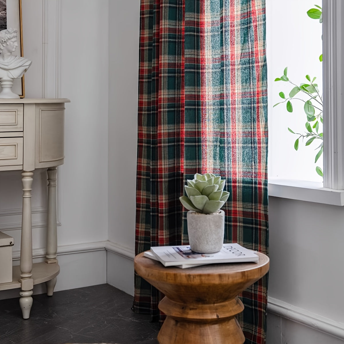 Green Plaid Christmas Curtain with Invisible Rod for Bedroom Balcony Living Room