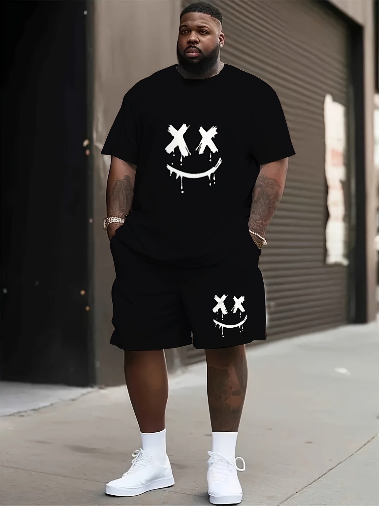 Plus Size Men's T-Shirt and Shorts Set with Smile Face Graphic for Summer Outdoor Sports