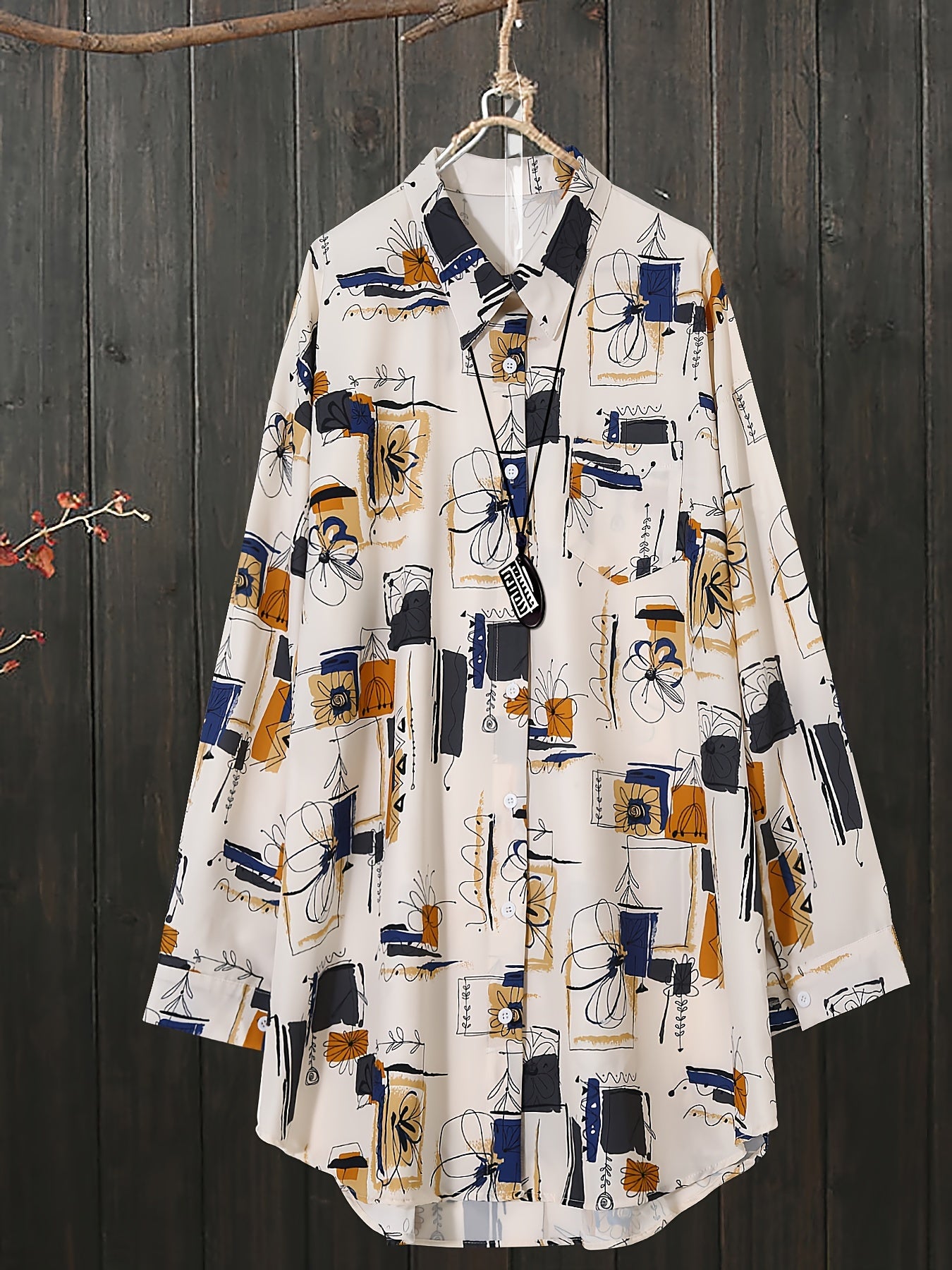 Katta o'lchamdagi gullar naqshidagi uzun yengli ko'ylak - Nafis dizayn, to'qilgan mato, mashinada yuvish mumkin, asimmetrik qirra.