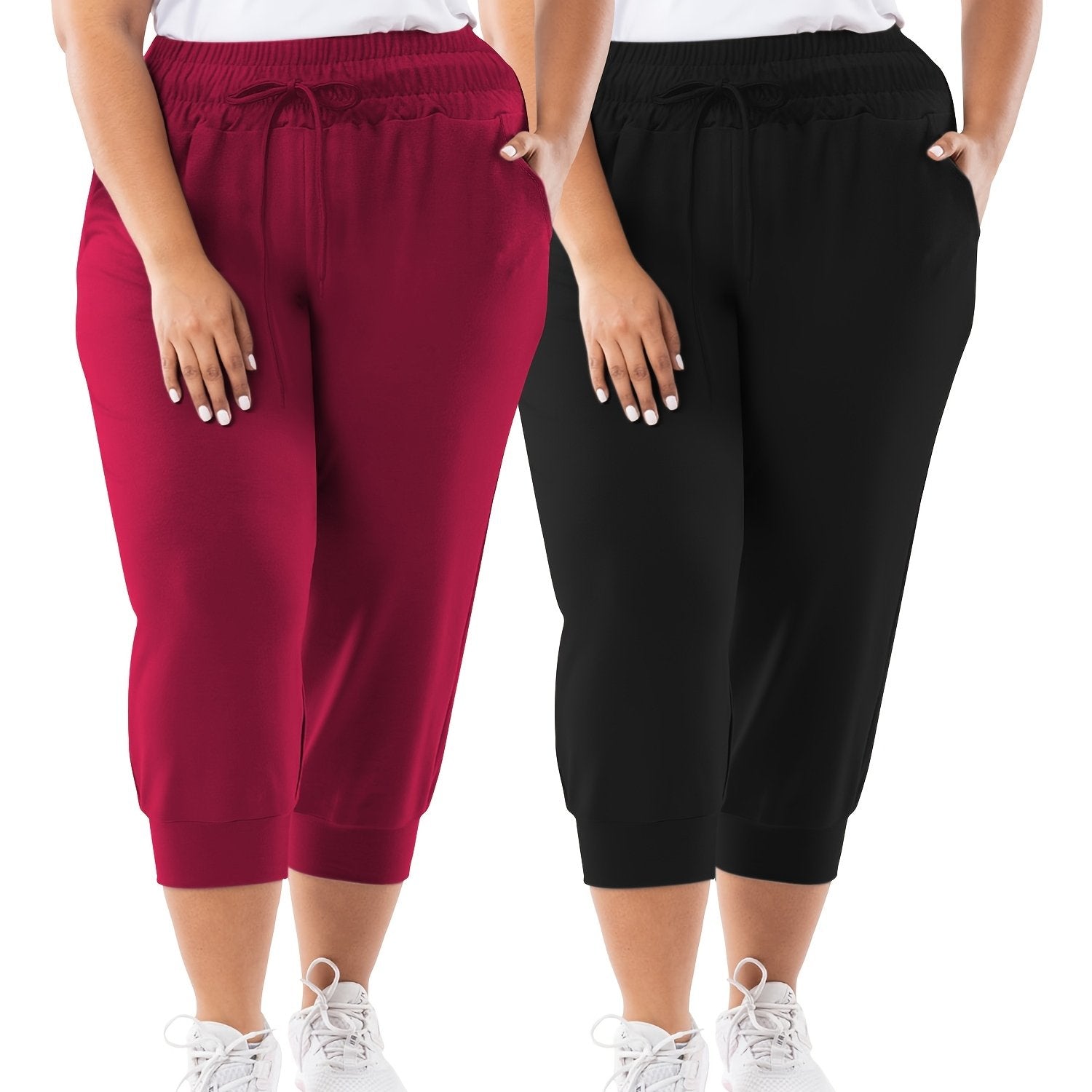 Plus Size Women's Stretchy Capri Joggers Black, Drawstring Waist, Pockets