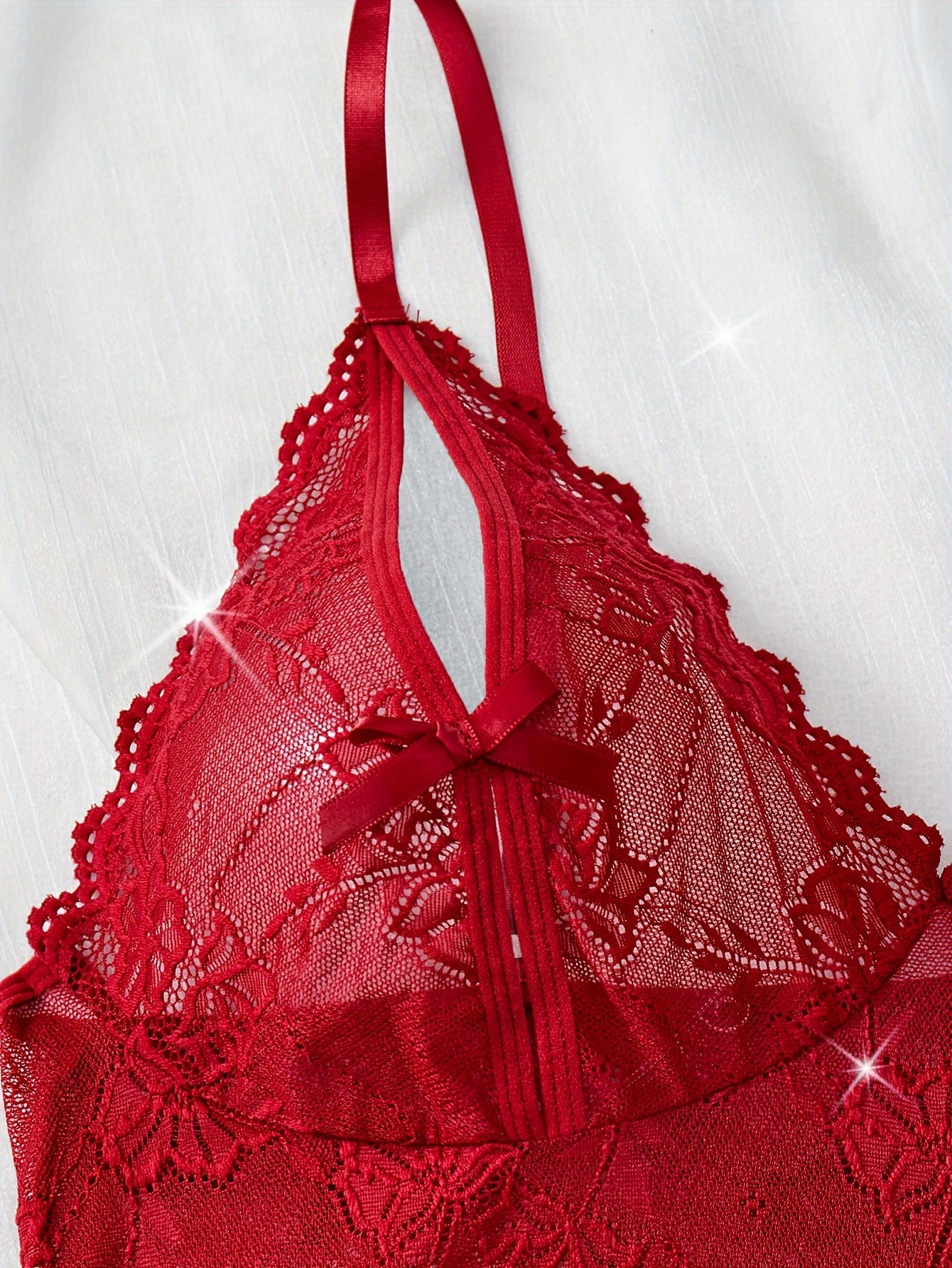 Conjunto de lencería sexy de gran tamaño con adorno de encaje de flores en forma de abanico, lazo frontal, sujetador y braga con abertura