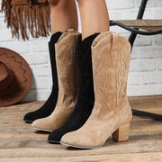 Women's Leather Mid-Calf Boots with Chunky Heel Pointed Toe Winter Style