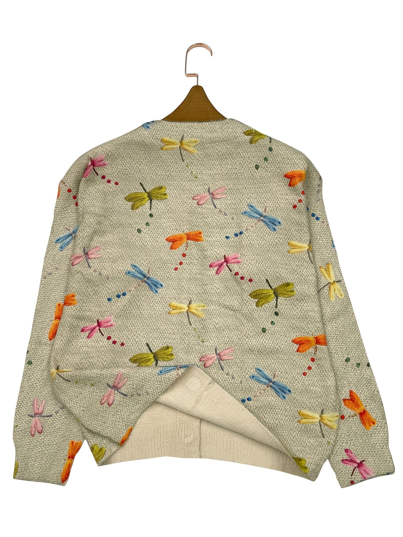 Plus Size Women's Printed Knitted Cardigan V-Neck Long Sleeve Colorful Dragonfly
