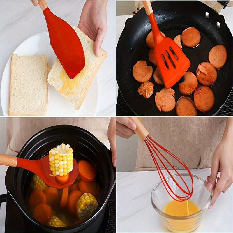 Silicone Kitchen Utensil Set 12 Pieces Non-Stick Food-Safe Cooking Tools with Wooden Handles